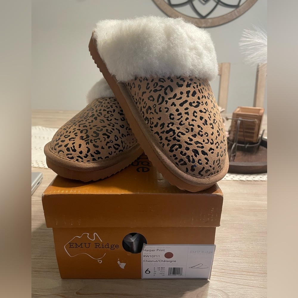 Emu Leopard Print Mules with Cream Fur